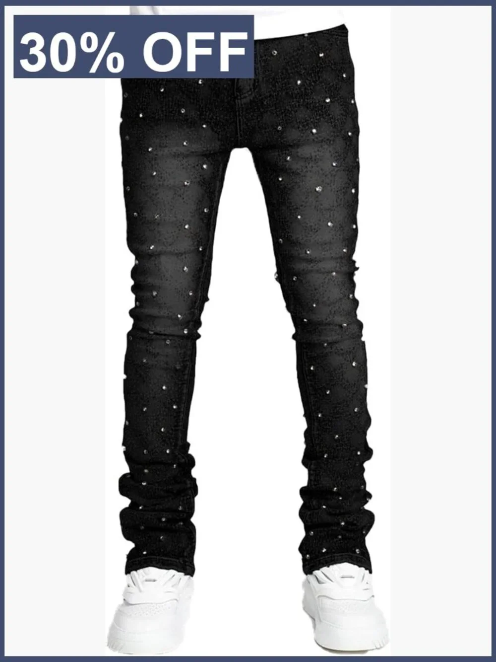 Men's Slim Fit Skinny Stacked Rhinestone Jeans Stretch Streetwear Denim Pants